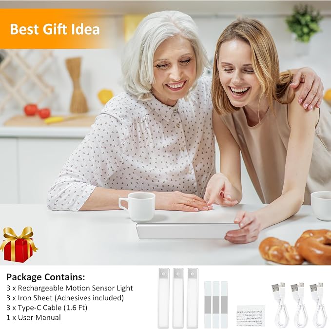Motion Sensor Under Cabinet Lights, 3-Pack, Warm White, 8 inch | Magnetic, Rechargeable Under Counter Closet Light, Wireless Night Light Bar, 10% to 100% Dimming, USB Cable Included