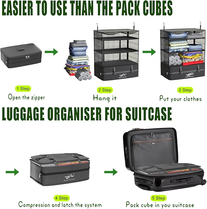 Compressible Packing Cubes Portable Hanging Closet Shelves 17"x12"x24" Extendable Travel Organizer Nylon Packing Bags for Suitcase