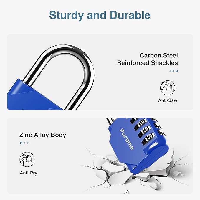 Puroma 4 Pack Combination Lock for Locker 4 Digit Outdoor Waterproof Padlock for School, Gym, Sports, Fence, Toolbox, Gate, Case, Outdoor, Hasp Storage, Cabinets (Blue)