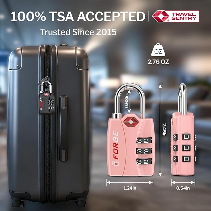 Forge Open Alert TSA Approved Luggage Locks - 3 Digit Combination, Easy Read Dials, Zinc Alloy Body - Ideal Travel Lock for Luggage, Suitcases, Bags & Toolboxes. Pink 2 Locks.