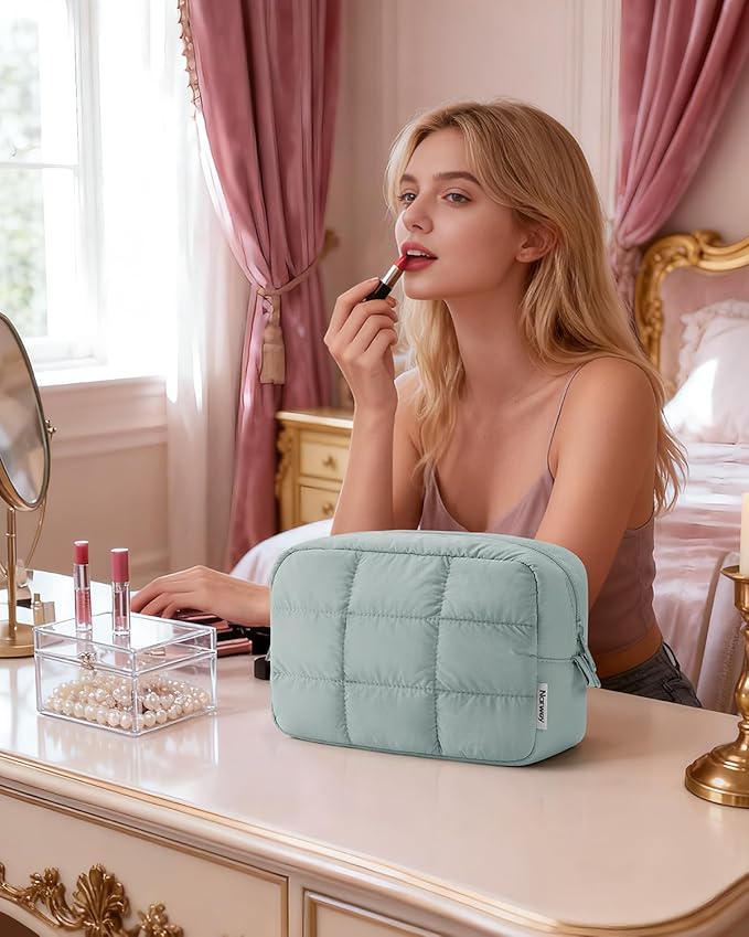 Narwey Puffer Travel Makeup Bag for Women Girl, Quilted Puffy Cosmetic Bag Make Up Bag Organizer, Cute Travel Toiletry Bag for Toiletries (Sage Green)