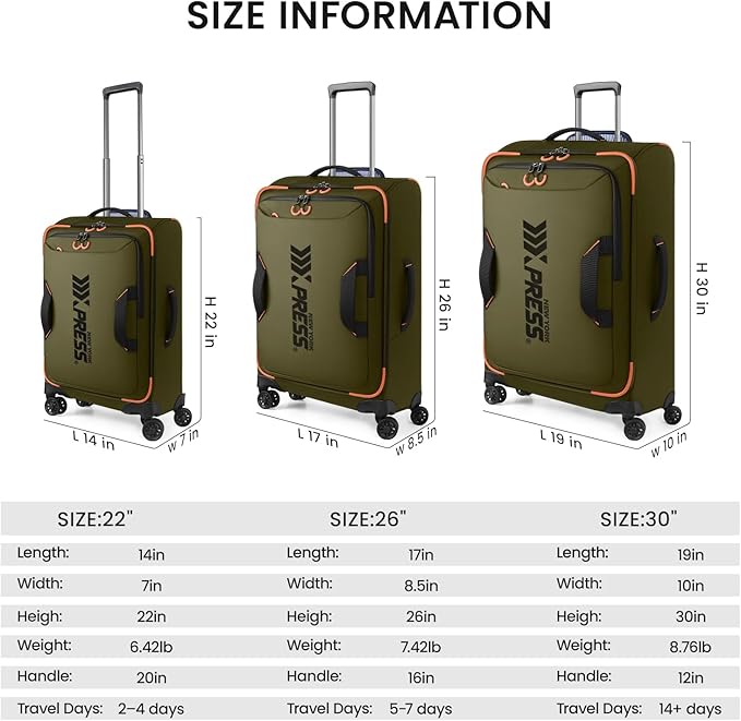 3-Piece Softside Upright Luggage Set with Front Open Pocket, Lightweight and Waterproof Durable Suitcase Sets Double Spinner Wheels（Green, 22in/26in/30in）