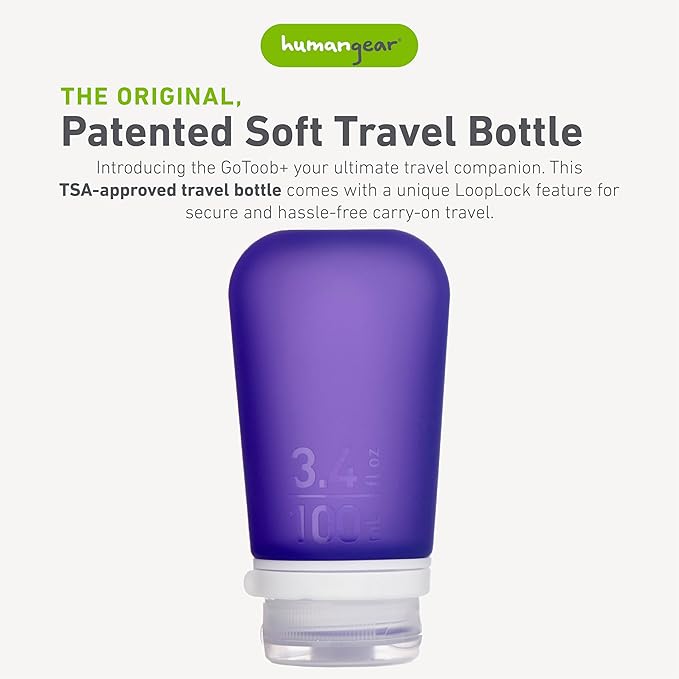 humangear GoToob+ (Large) | Refillable Silicone Travel Bottle | Locking Lid | Food-Safe Material | Purple, Large (3.4 fl.oz.; 100ml)