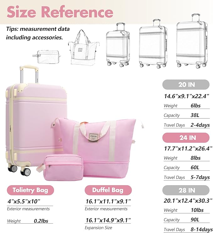 Merax Suitcase Set 24 inches Expandable Luggage with TSA Lock Spinner Wheels Hardshell Lightweight Vintage Luggage with Travel Bag,Light Pink