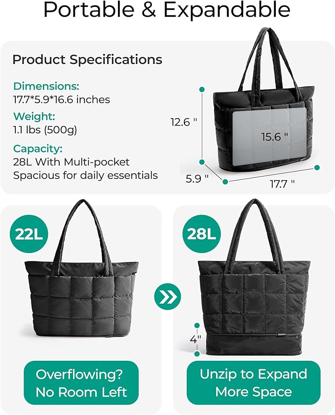 BAGSMART Expandable Tote Bag for Women, Puffer Work Tote Handbag, Quilted Carry On Bag for Travel Gym