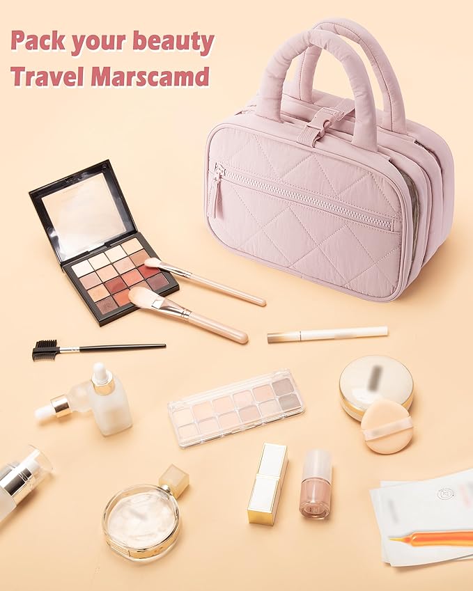 Travel Toiletry Bag for Women with Hanging Hook, Puffy Makeup Organizer with Brushes Slots for Bathroom, Shower and Beauty Essentials, Pink