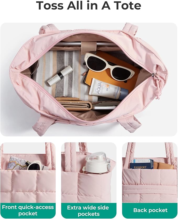 BAGSMART Expandable Tote Bag for Women, Puffer Work Tote Handbag, Quilted Carry On Bag for Travel Gym