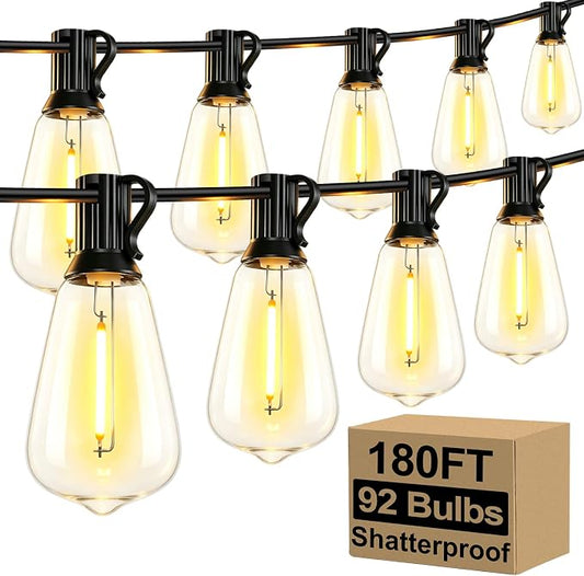 180FT Outdoor String Lights 94 Bulbs, Waterproof Patio Lights | 4 Spare ST38 Edison Bulbs Dimmable, Connectable Plug-in LED Outdoor Lighting for Porch, Garden, Backyard, Balcony, 2700K