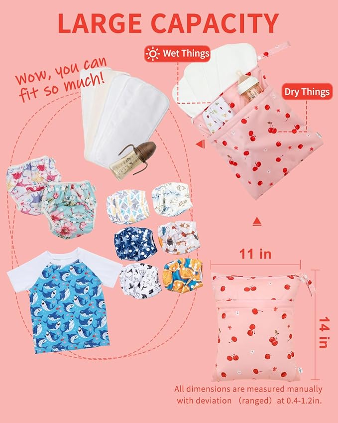 babygoal Wet Dry Bags 3 Pack, Waterproof Travel Bags for Swimsuits, Beach, Pool, Gym,Food Storage and Wet Clothes(Cherry,Flamingo,Polka Dot),3LN42-B