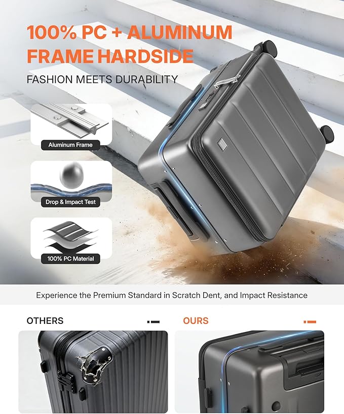 20IN Carry On Luggage,Top Opening Aluminum Frame Hardside 100% PC Airline Approved Suitcase -with TSA Lock,Cup Holder,USB Charge,Side Pothook, 360°Spinner Wheels-Grey
