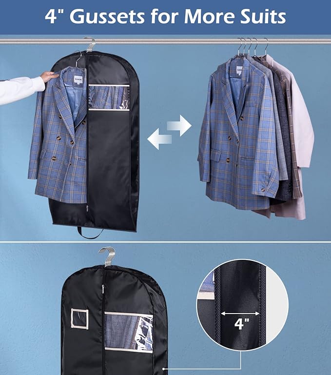 SLEEPING LAMB Water Resistant Suit Bags for Men Travel Gusseted Garment Bags Foldable Closet Hanging Clothes Storage for Coats, Jackets, Shirts, 43'', Black