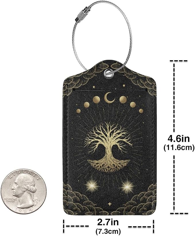 Magic Moon Tree Luggage Tags Set of 2 Leather Stainless Steel Loop Label Tag for Travel Bag Suitcase