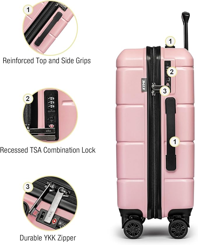 KYME Carry On Luggage 22x14x9 Airline Approved Hardshell Carry On Suitcases with Wheels Travel Rolling 20 Inch Luggage with Cup Holder for Women,Carry-on Pink
