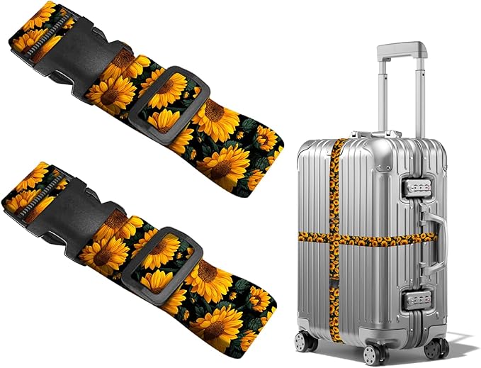 Nuxovilar Luggage Straps of 2 Set Sunflower Pattern, 1.96x90.5 inches - Luggage Straps for Suitcases, Ideal for Nature Trips, Outdoor Journeys, Daily Use