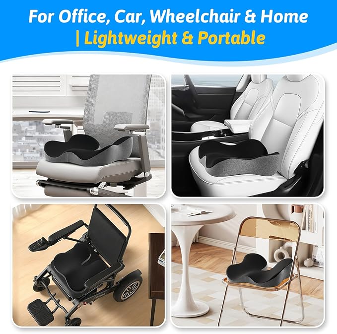 Seat Cushion for Tailbone & Sciatica Pain Relief - Plush Yet Supportive Ergonomic Memory Foam Chair Cushions for Office Chair, Car, Wheelchair,Airplane & Long Sitting