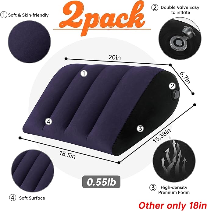 Portable Inflatable Wedge Pillow 2 Pack, Body Positioner for Sleep Support, Adjustable Travel Pillow - Lightweight Bed/Leg Support Pillow, Fast Inflation，for Home Outdoor Travel Blue