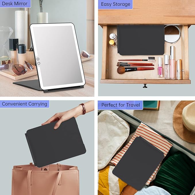 FUNTOUCH 10x7.5 Portable Large Travel Makeup Mirror with Light, 2500mAh Rechargeable Lighted Travel Makeup Mirrors with 3 Color Lights, Dimmable Folding Light Up Make up Mirror with Small 10x Mirror