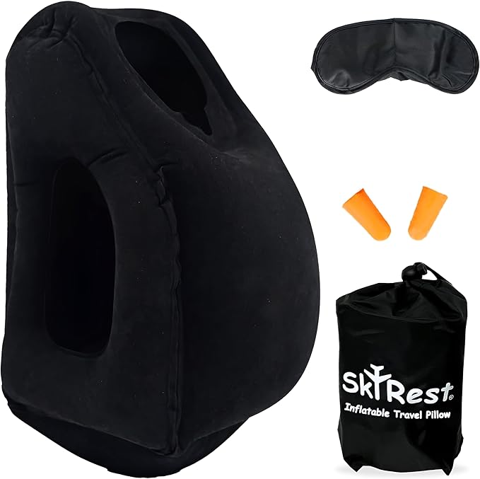 Skyrest®️ Inflatable Travel Pillow for Buses, Comfortably Support Head, Air Pillow for Sleeping to Avoid Neck, Lumbar and Shoulder Pain, Pillows for Airplanes Buses Cars Office (Black)