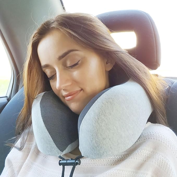 napfun Neck Pillow for Travel with Travel Pouch, Sleep Mask & Earplugs, Memory Foam Airplane Pillow for Headrest Sleep with Eyeshades, Plane Essentials with Eye Blindfold, Light Gray Kit