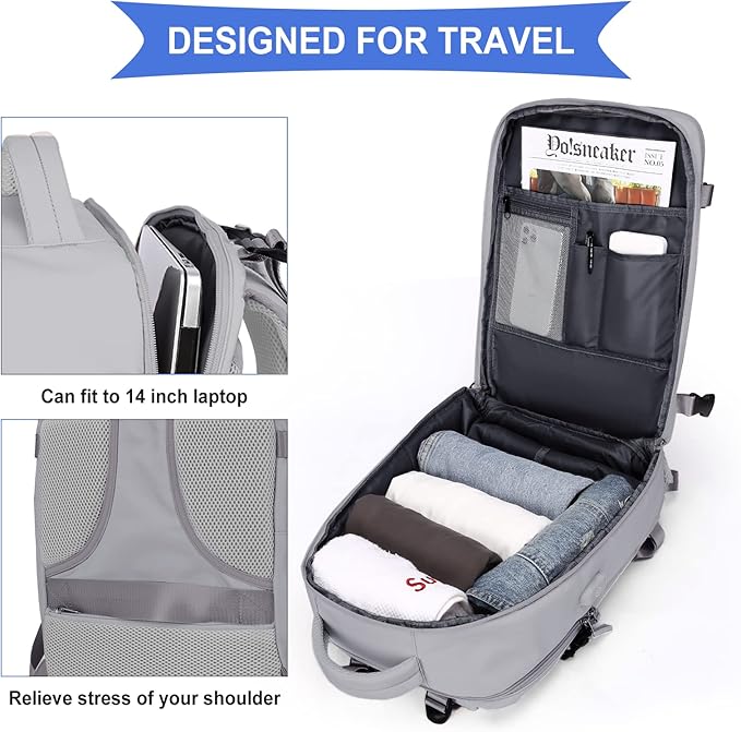 coowoz Travel Backpack For Women Men,Carry On Backpack,Hiking Backpack Waterproof Outdoor Sports Rucksack Casual Daypack Travel Essentials(Grey)