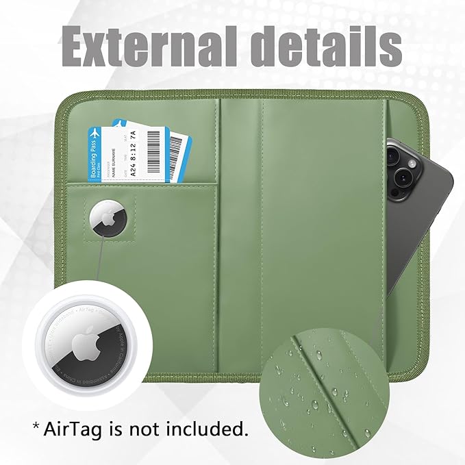 GOAUS Passport Holder with AirTag Slot, PU Leather Travel Document Organizer, Multiple RFID Blocking Wallet for Family of 4 to 6 Green