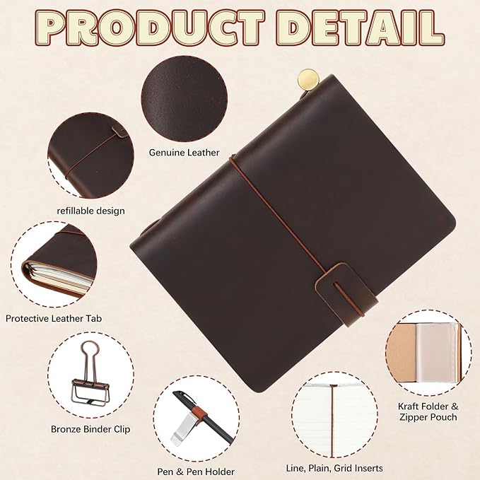 Thenshop Travelers Refillable Leather Journal Notebook Travel Diary Handmade Passport Travelers Journal for Men and Women with 3 Notebook Inserts, Pen Holder, Binder Clip(Dark Brown,Passport Size)