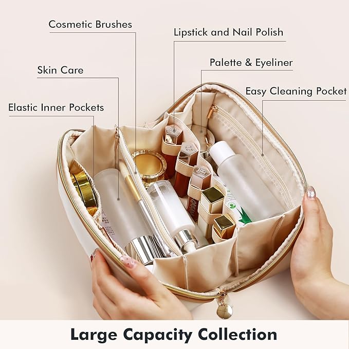 Prite Makeup Bag for Women Travel Waterproof Vegan Leather Cosmetic Bag Open Flat Toiletry Bag With Clear Divider and Handle (Large Beige Pro)