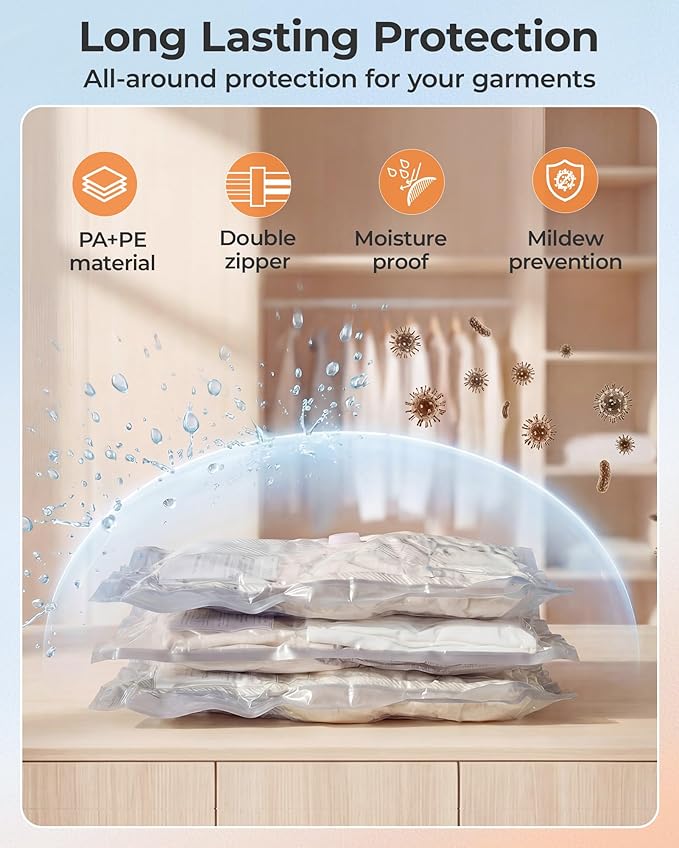 BAGSMART Vacuum Storage Bags with Portable Pump, Travel Space Saver Bags for Clothes, Heavy Duty Compression Bags for Storage, Vacuum Seal Bags with Hand Pump, Travel Essentials for Packing-Khaki
