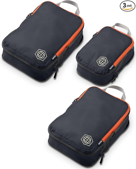 Compression Packing Cubes 3 Piece Set for Carryon Suitcases- Lightweight, Durable Clothes Organizer (Grey and Orange)