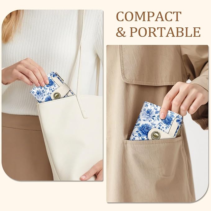 Icycay Floral Flowers Small Wallet Women RFID Blocking Bifold, Credit Card Holder, Zipper Coin Pocket, PU Leather, Compact, Travel, 4 ID Window, 14 Card Slots, Cash Purse, Ladies Woman Female Girls
