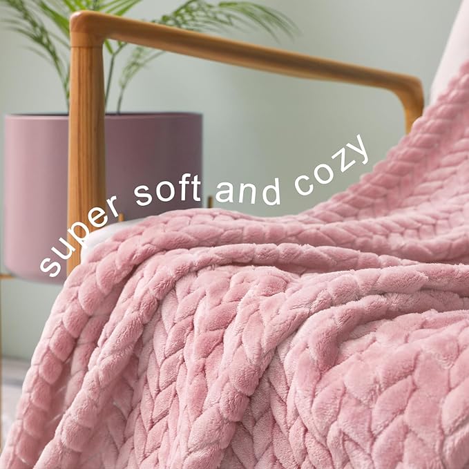 Exclusivo Mezcla Fleece Throw Blanket for Couch and Bed, 50x70 Inches Soft Cozy Jacquard Flannel Blankets, Lightweight Fuzzy Plush Warm Throws for Women, Pink