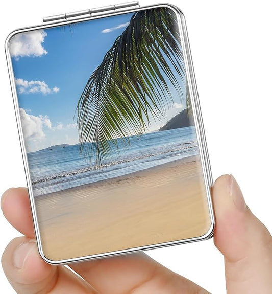 Pocket Mirror, Small Travel Mirror with Magnification, Portable Double-Sided Magnifying Cosmetic Mirror for Daily (Beach)