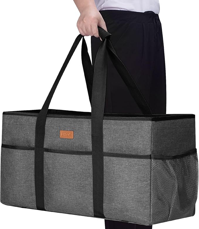 LHZK Stand Up Extra Large Utility Tote Bag with Lid, Utility Tote Bag with Metal Wire Frame and the Sides Rinforced, Reusable Grocery Bags Foldable, Beach Bag, Car Tote (Gray)