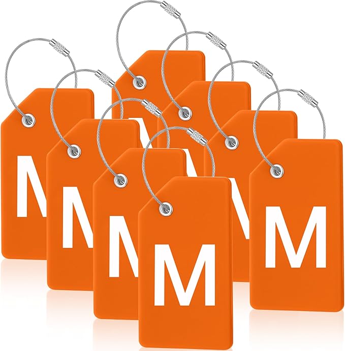 8 Pcs Initial Letter A-Z Luggage Tags Silicone Suitcase Instrument Tag with Name Card and Stainless Steel Loop(Letter M,Orange)