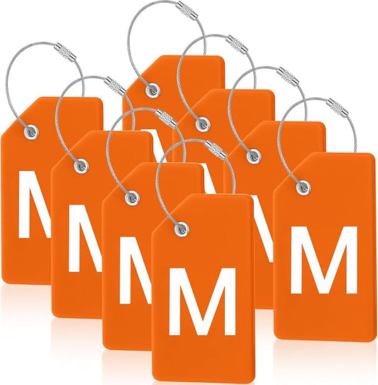 8 Pcs Initial Letter A-Z Luggage Tags Silicone Suitcase Instrument Tag with Name Card and Stainless Steel Loop(Letter M,Orange)