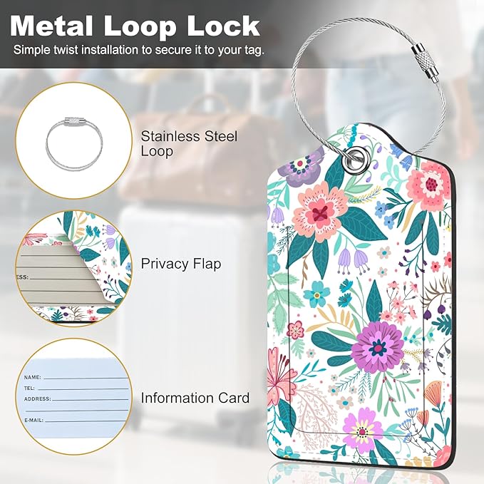2Pack Luggage Tags for Suitcases, Cute Unique Pu Leather Cruise Luggage Tag with Privacy Cover ID Label Address Card and Metal Ring Suitable for Women Men Kids Travel Bag Colorful Flowers 2