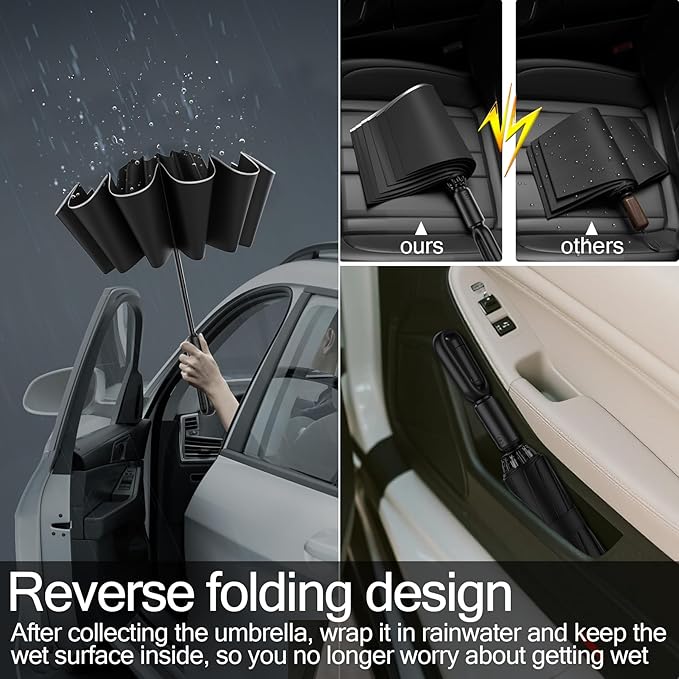 Windproof Compact Travel Umbrella,Large Strong but Light Portable and Automatic Folding Rain Umbrella, small inverted for travel size