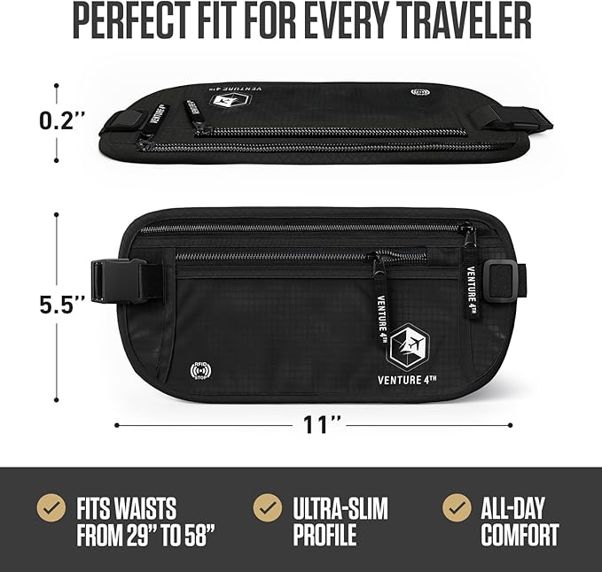 VENTURE 4TH Money Belt for Travel – Hidden Under-Clothes RFID Blocking Passport Holder & Slim Travel Wallet Pouch for Men & Women to Protect Cash, Cards & Documents (Pure Black)