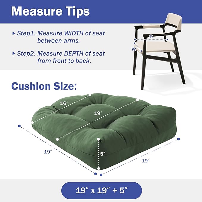 Outdoor Chair Cushions Set of 4, Patio Chair Cushions with Ties, 19x19+5” Tufted Outdoor Seat Cushions, Waterproof Patio Furniture Cushions, Outdoor Dining Chair Pads, Forest Green