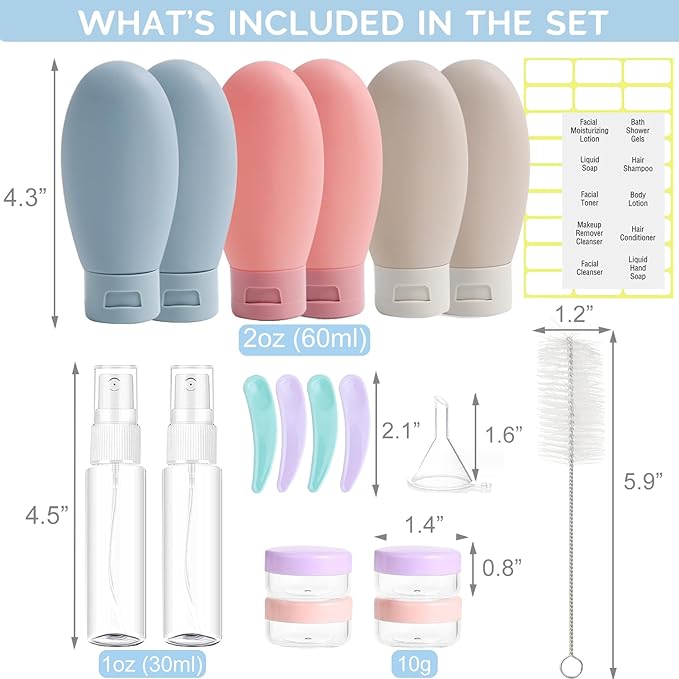 20 Pack Travel Bottles Set for Toiletries, TSA Approved Leak Proof Travel Size Containers Kit Portable Refillable Travel Accessories for Shampoo Conditioner Lotion Liquids (Multicolor A)
