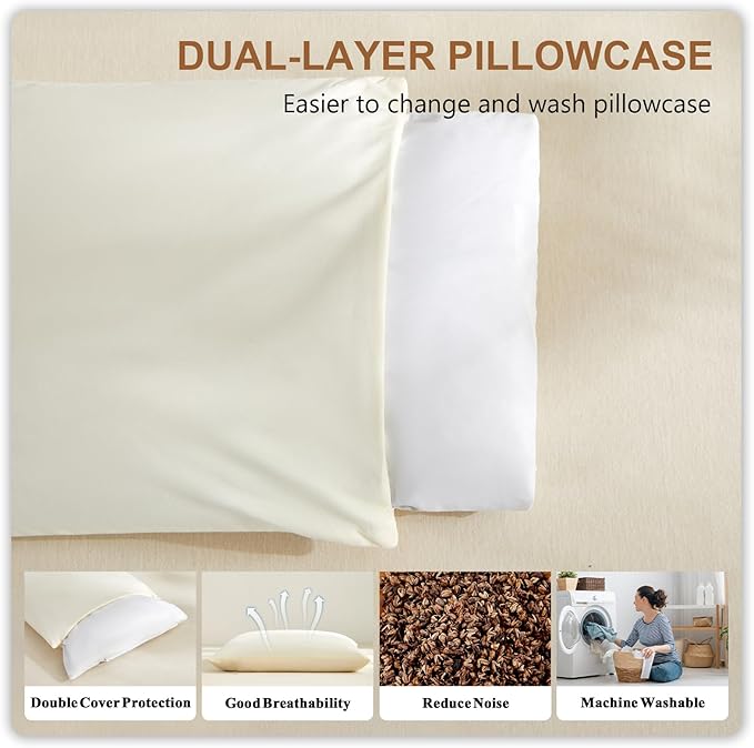 Organic Buckwheat Pillow for Sleeping with Dual-Layer Pillowcase and Extra Tartary Buckwheat Hulls, Adjust Height and Firmness, Neck Support Pillow for Back and Side Sleepers 20"x26"