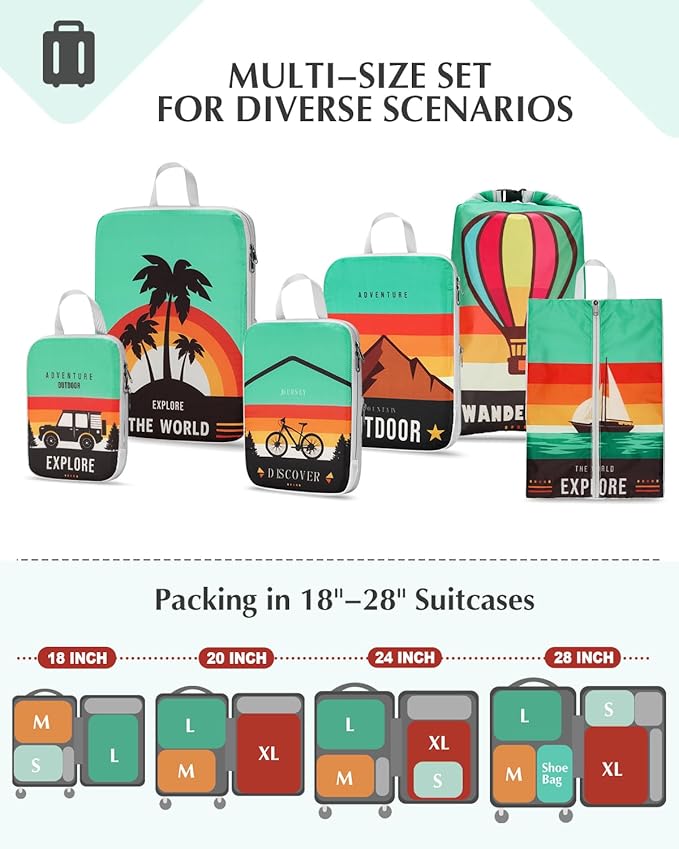 Gonex Compression Packing Cubes, 6pcs Expandable Storage Travel Luggage Bags Organizers with Shoe Bag Laundry Bag, Travel Cubes for Suitcase Carry On (Outdoor Exploration)