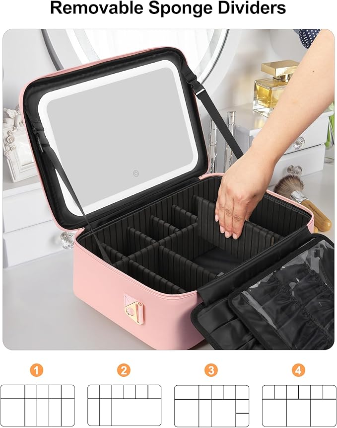 Relavel Large Makeup Case with LED Mirror, Train Cosmetic Case with Separate Brush Board, Professional Makeup Organizer Storage with Detachable Dividers for Makeup Artists, Hairstylist - Pink