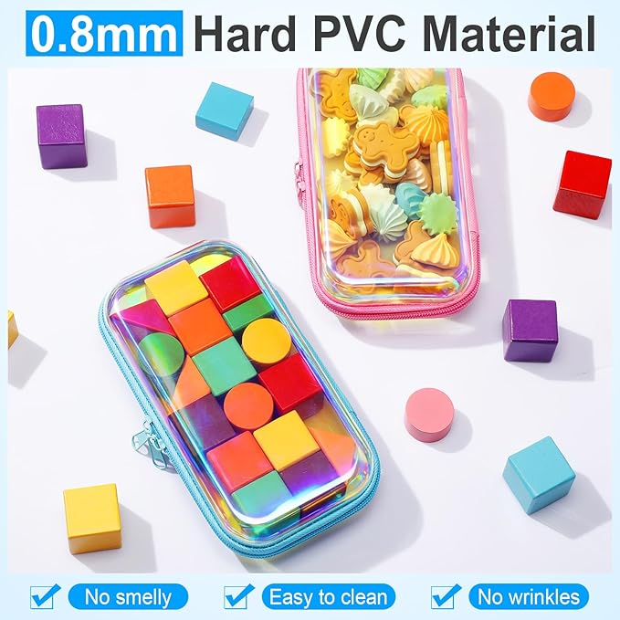 Sanwuta 6 Pcs Clear Hard Zipper Case Plastic Zipper Pouches Transparent Makeup Bag Pencil Case Pouches Toiletry Diaper Bag for Travel Toy Storage Organizer Bins(Holographic,7.48 x 3.94 x 2 Inch)
