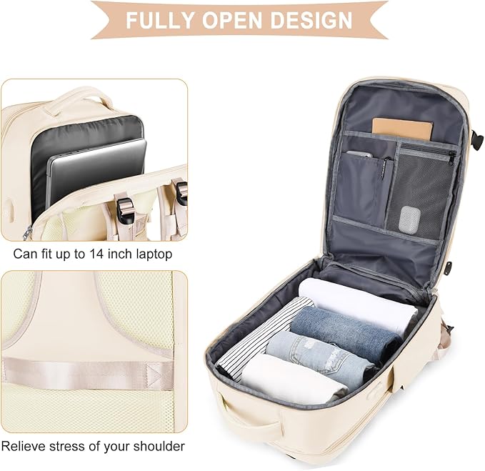 coowoz Large Casual Travel Backpack For Women Men,Carry On Rucksack Flight Approved,Hiking Waterproof Outdoor Sports Daypack Fit 15.6 Inch Laptop Shoes Compartment (Beige)