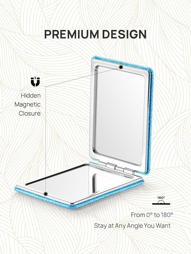 OMIRO Compact Mirror, Glitter PU Leather 1X/3X Magnification, Ultra Portable for Purses, 2.4" W x 3.4" L (Blue)
