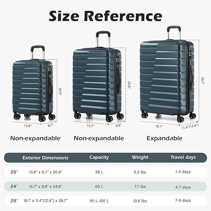 Coolife Luggage Sets, 3 Piece Hard Shell Suitcase Set with Spinner Wheels, Expandable Large Checked Luggage, Lightweight Rolling Carry On with TSA Lock Teal Blue