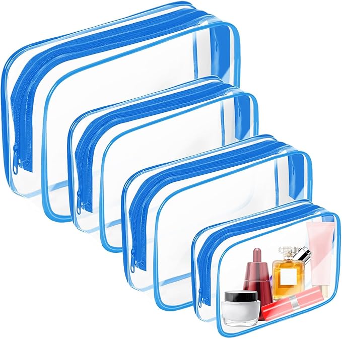 AURUZA Clear Makeup Bag,Portable Travel Toiletry Bags with Zipper, TSA Approved Clear Organizer Bags, PVC Cosmetic Pouch for Airport Airline Compliant (4 Packs Blue)