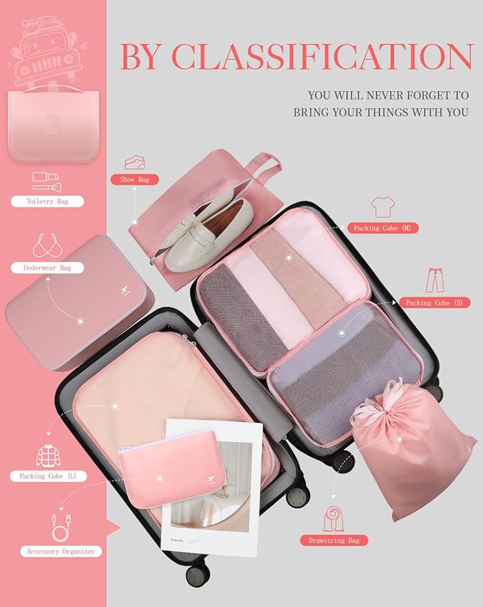HOTOR Packing Cubes for Suitcases - 8 Pieces, Light Packing Cubes for Travel, Premium Suitcase Organizer Bags Set, Space-Saving Luggage Organizers, Travel Accessories and Essentials, Pink