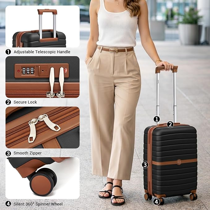 Kono Expandable Carry On Luggage 22x14x9 Airline Approved with Spinner Wheels, 20 Inch Durable PC+ABS Hardshell Travel Suitcase Rolling Luggage with Lock, Black/Brown